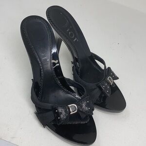 Dior Sz 37 Black Logo High Heel Sandals Bow Studs